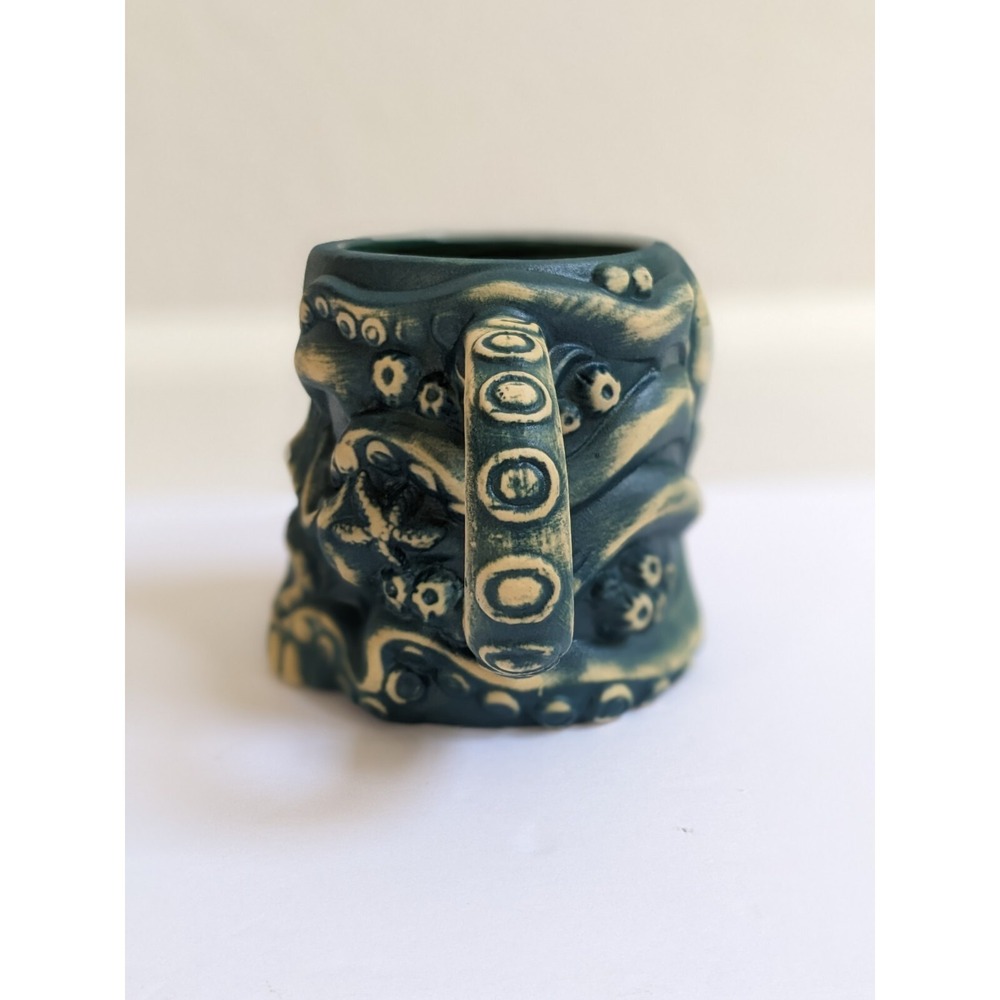 Mora Pagan Idol Handmade Hawaiian Octopus Tiki Skull Mug Matte Green Finish - Picture 4 of 10